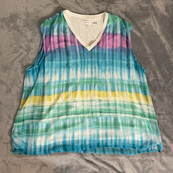 Calvin Klein Woman's OX Sleeveless Multicolor Top Sheer Lined‎ Spring colorful - Picture 7 of 8